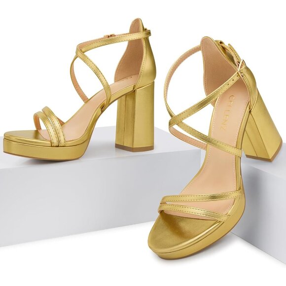 Women's Gold Sandal Stylish Comfortable Nude Chunky Blocked Strappy Heel Shoe - Picture 6 of 6